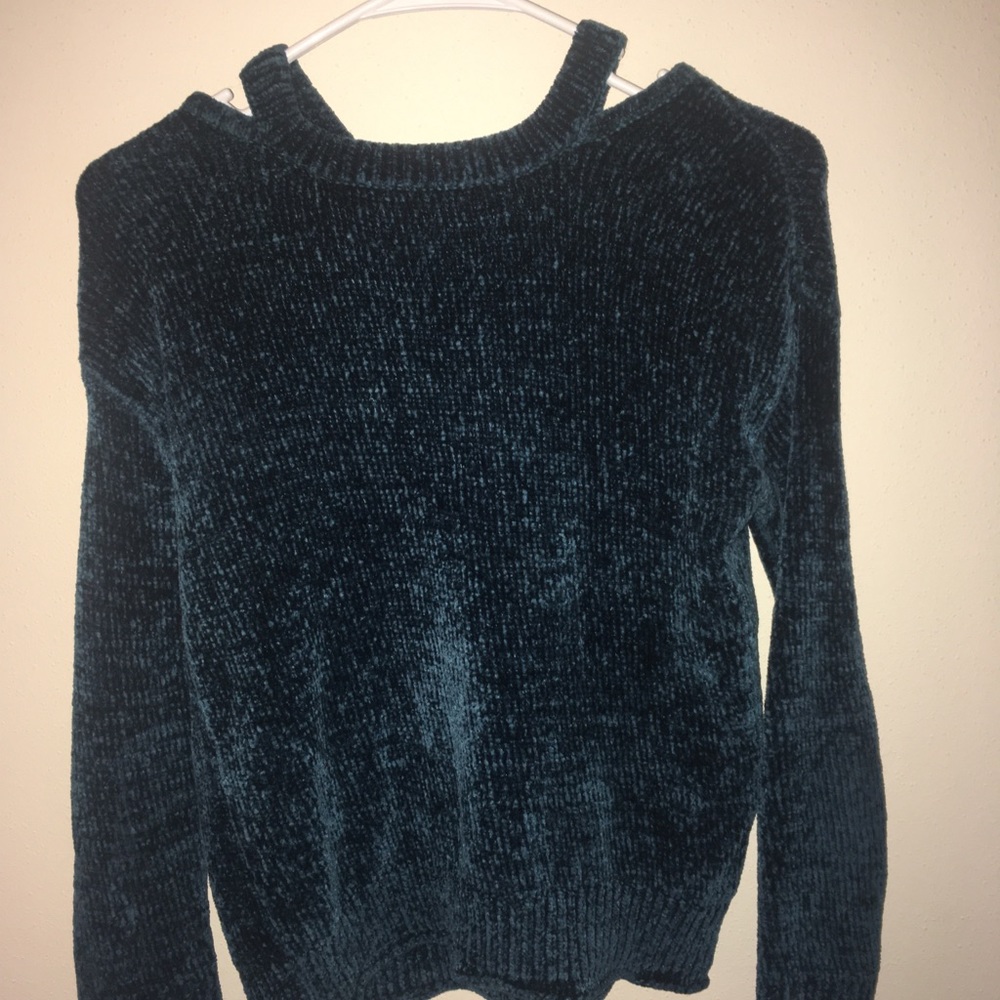Turquoise Fuzzy Shoulder Cutout Sweater